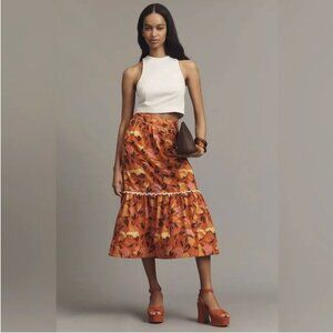 NWT Farm Rio Tiered Flare-Hem Printed Midi 100% Cotton Orange Skirt, XL